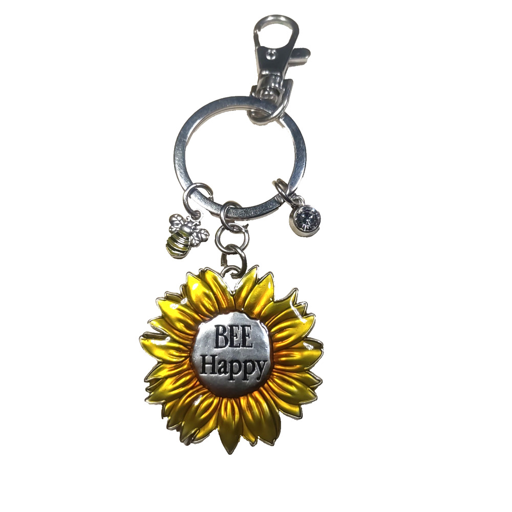 Bee Happy Sunflower Keychain Bee Rhinestone Keychain Purse Clip